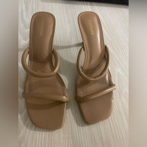 NWT Women Express Tan Strappy Square-Toe Slide Heels Size 9